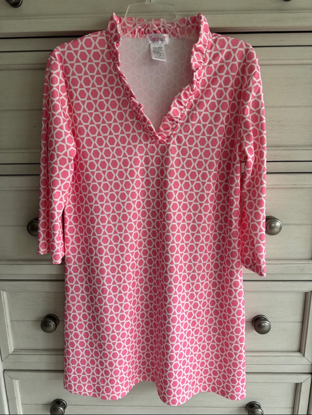 Top It Off Pink Geo Print Ruffle V-Neck Shift Dress